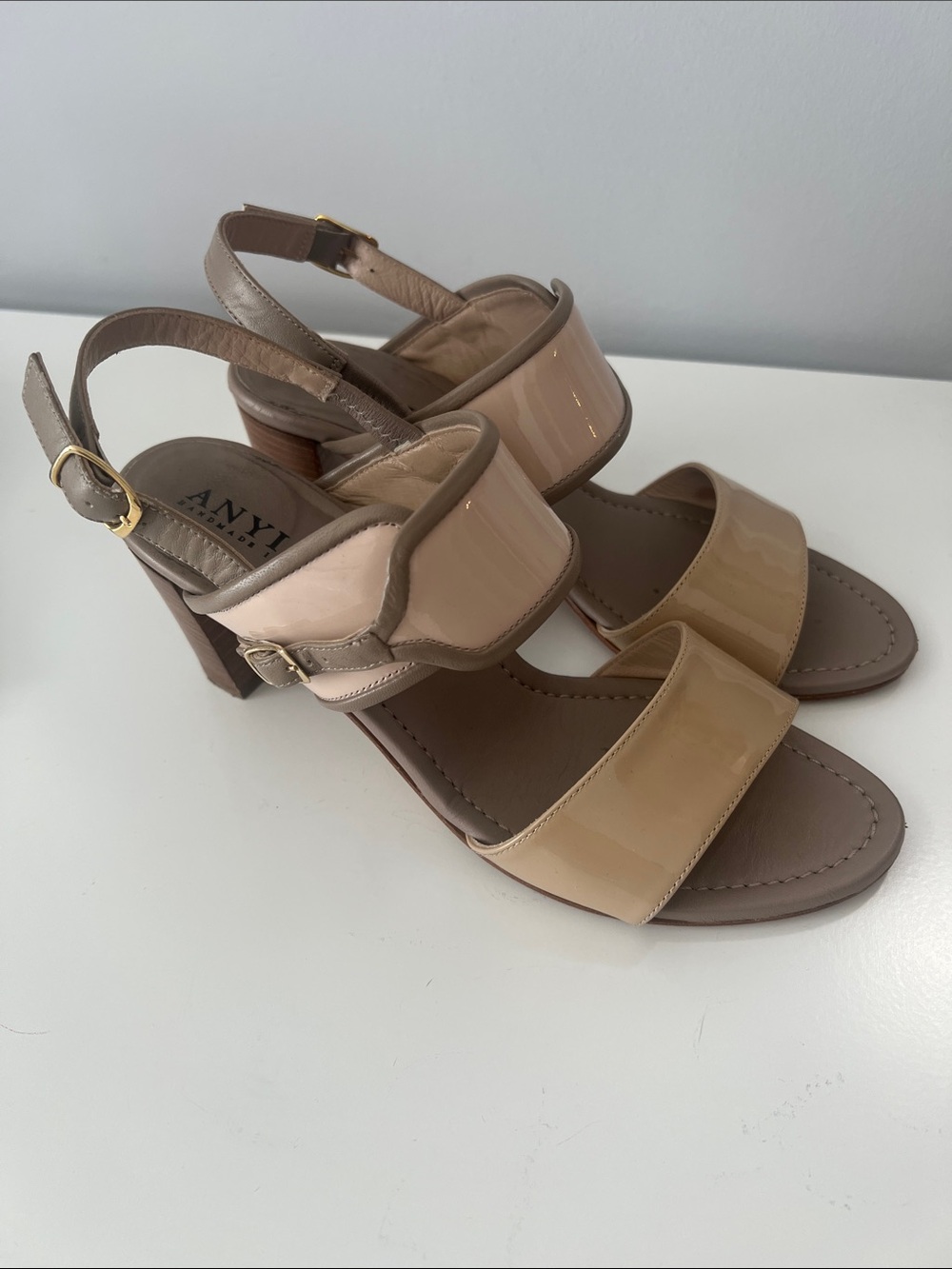 Anyi Lu Beige Patent Two-Band Slingback Heels